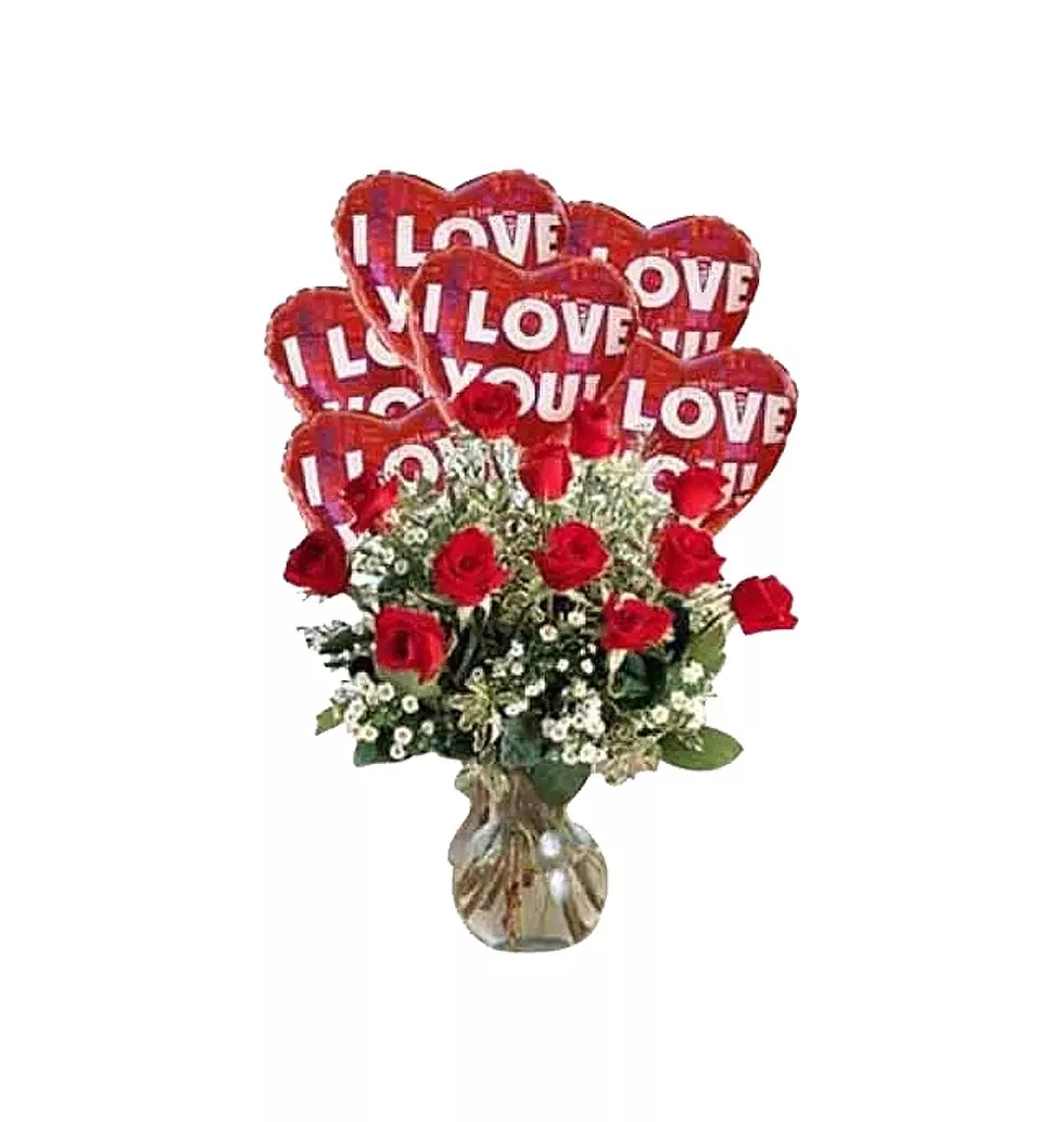 Romantic Red Roses N Heart Balloons